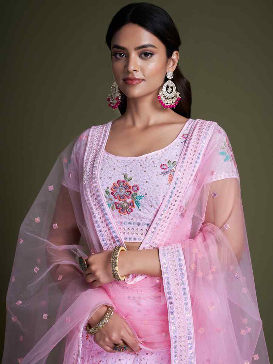 Pink Georgette Embroidered Bridesmaid Reception Heavy Border Lehenga Choli