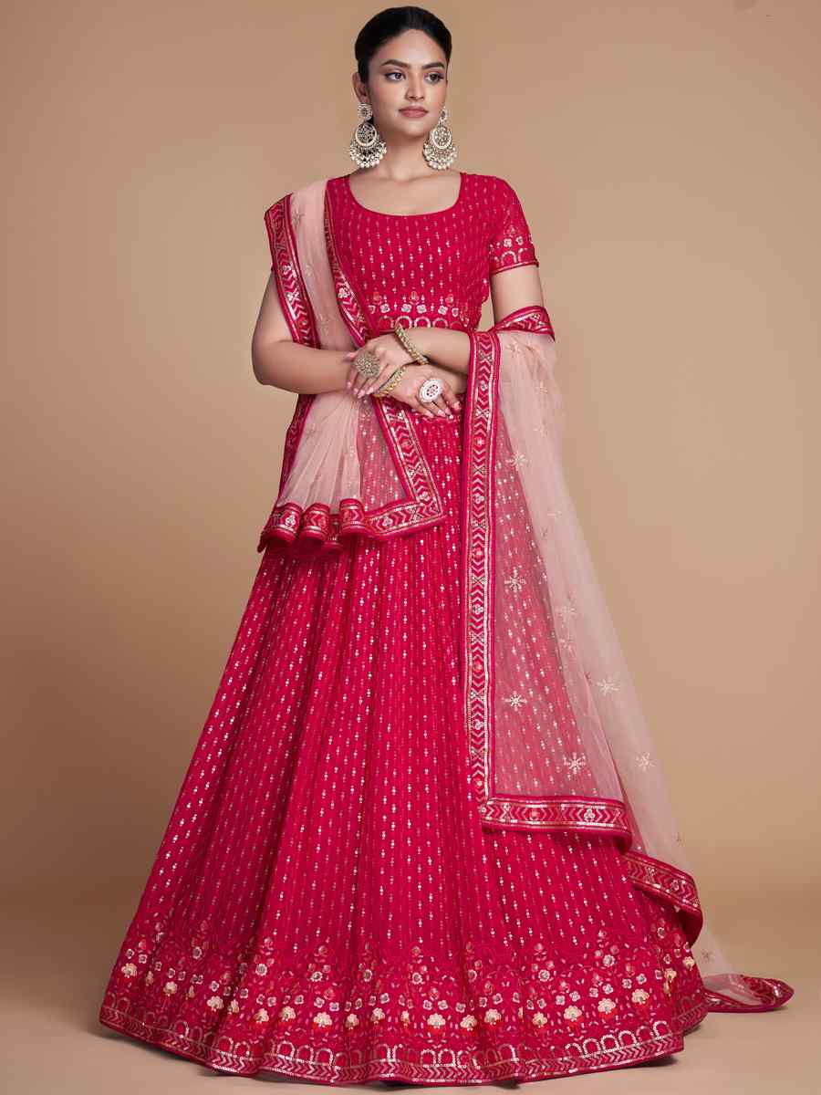 Pink Georgette Embroidered Bridesmaid Reception Heavy Border Lehenga Choli
