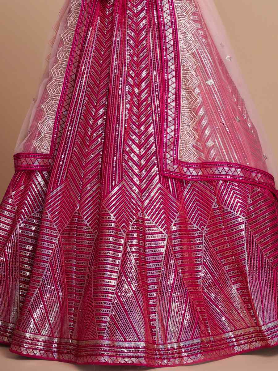 Pink Georgette Embroidered Bridesmaid Reception Heavy Border Lehenga Choli