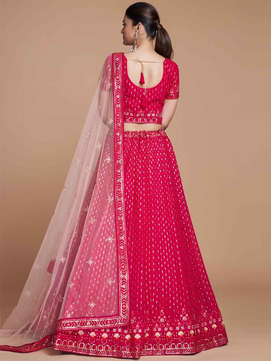 Pink Georgette Embroidered Bridesmaid Reception Heavy Border Lehenga Choli