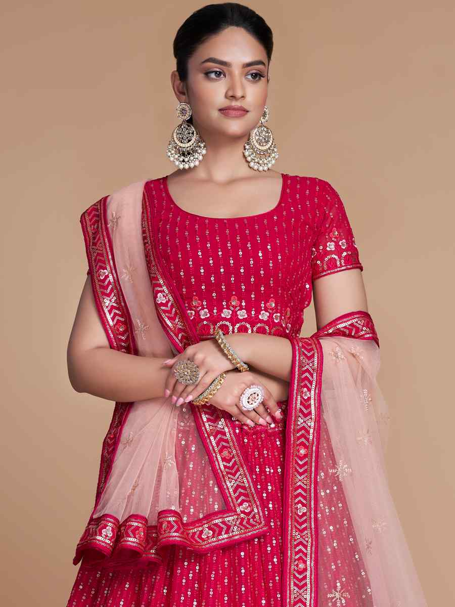 Pink Georgette Embroidered Bridesmaid Reception Heavy Border Lehenga Choli