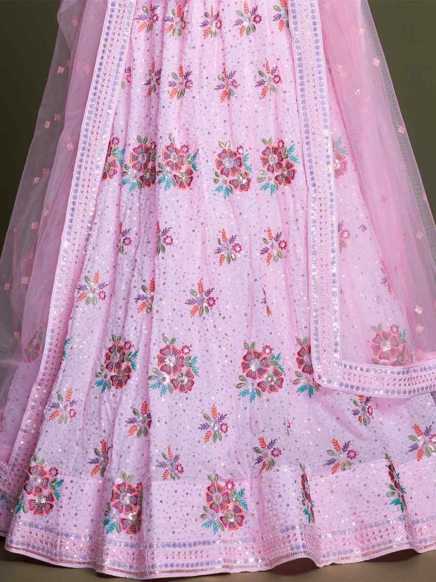 Pink Georgette Embroidered Bridesmaid Reception Heavy Border Lehenga Choli