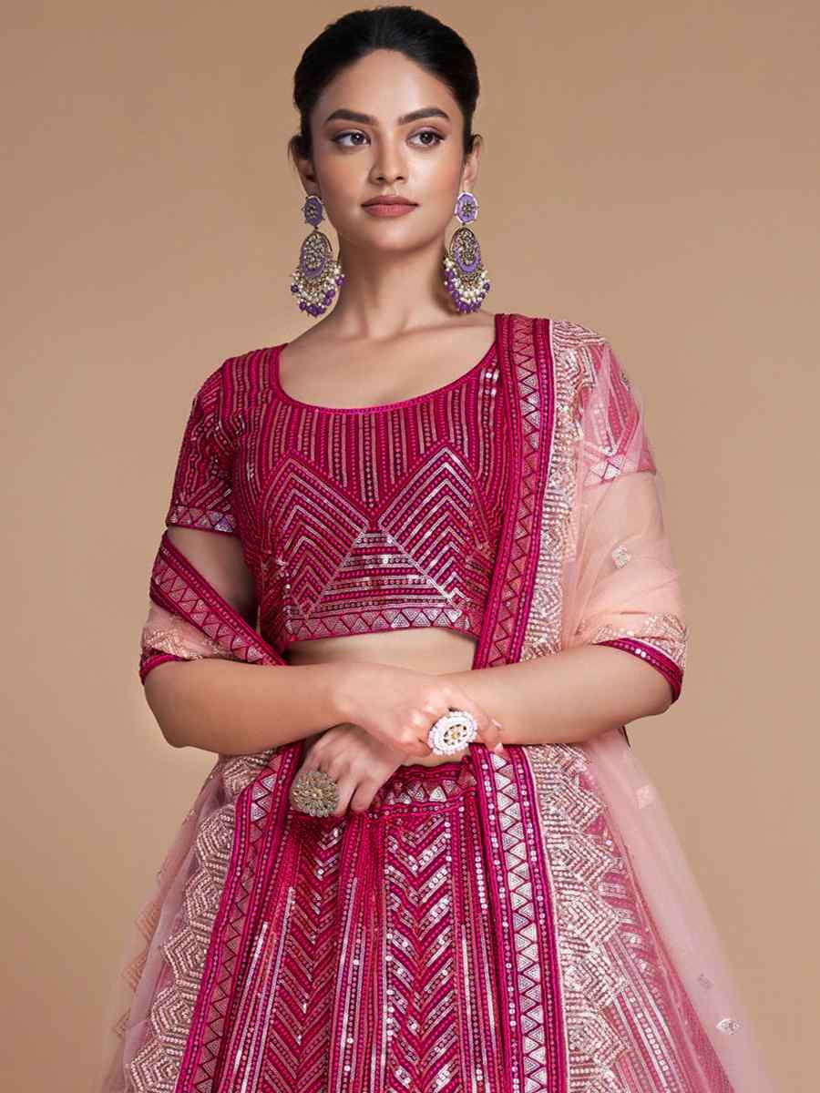 Pink Georgette Embroidered Bridesmaid Reception Heavy Border Lehenga Choli