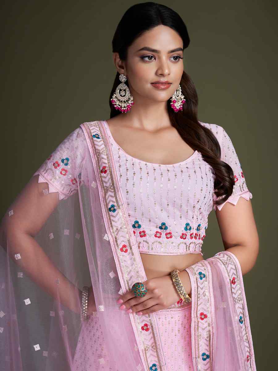 Pink Georgette Embroidered Bridesmaid Reception Heavy Border Lehenga Choli