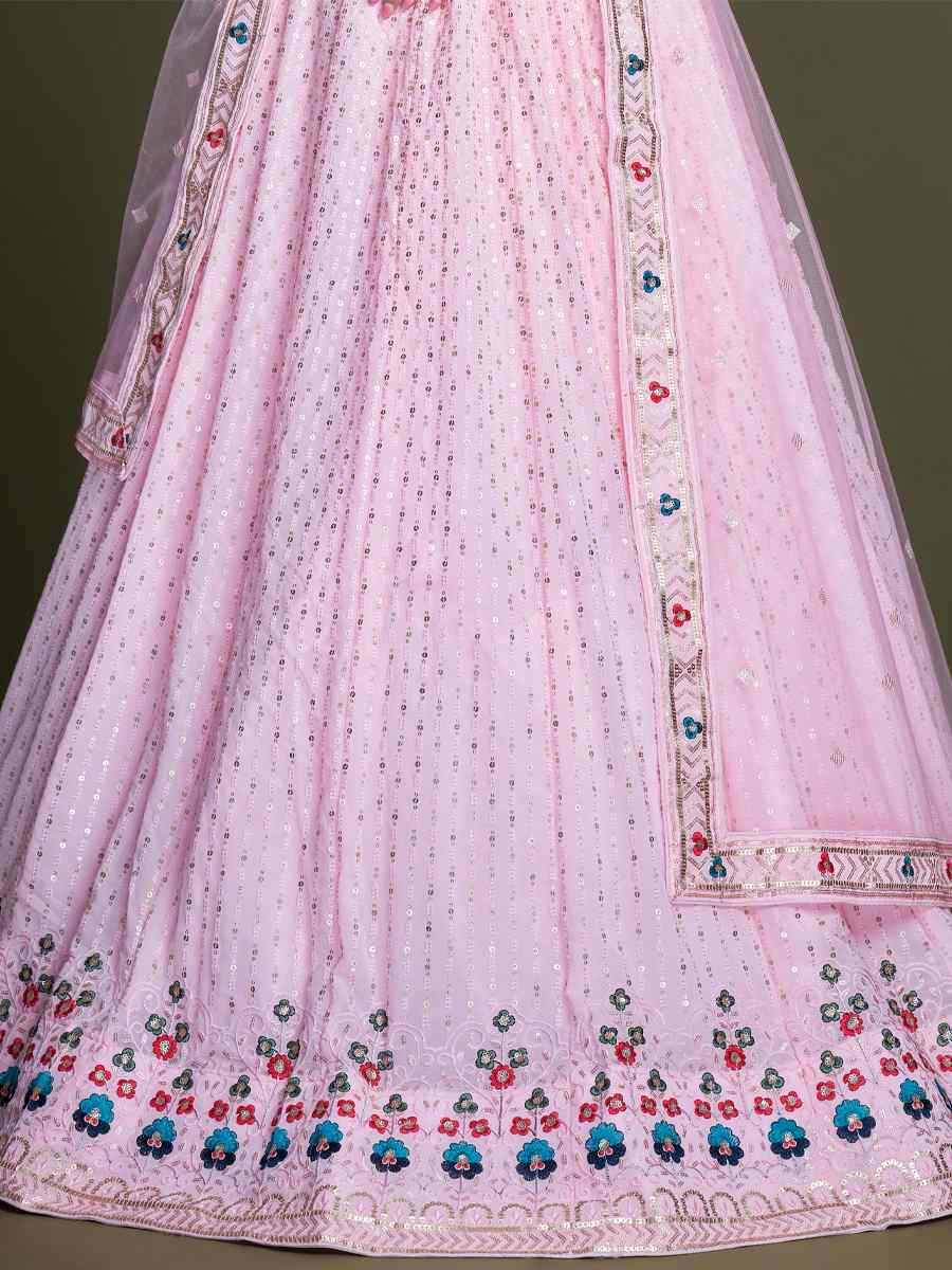 Pink Georgette Embroidered Bridesmaid Reception Heavy Border Lehenga Choli
