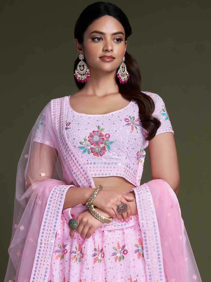 Pink Georgette Embroidered Bridesmaid Reception Heavy Border Lehenga Choli