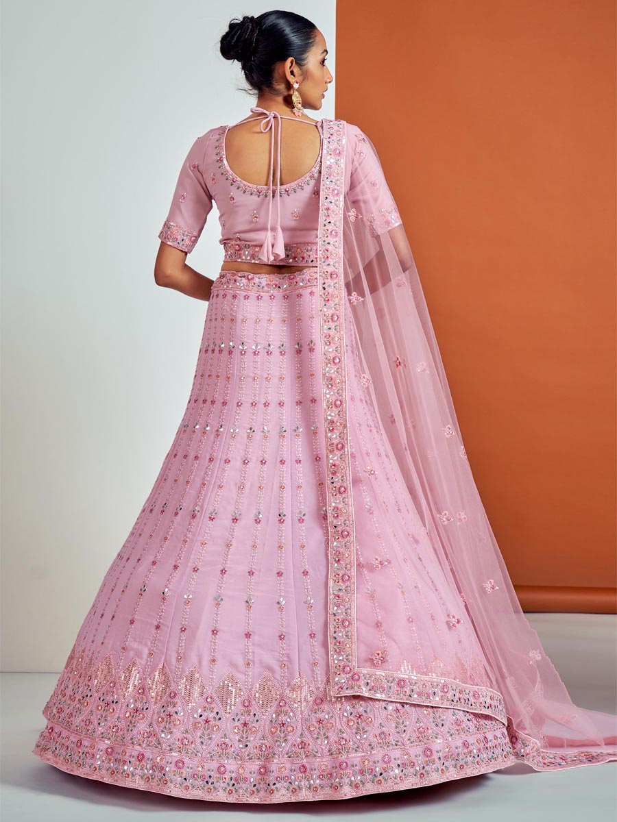 Pink Georgette Embroidered Bridesmaid Wedding Heavy Border Lehenga Choli