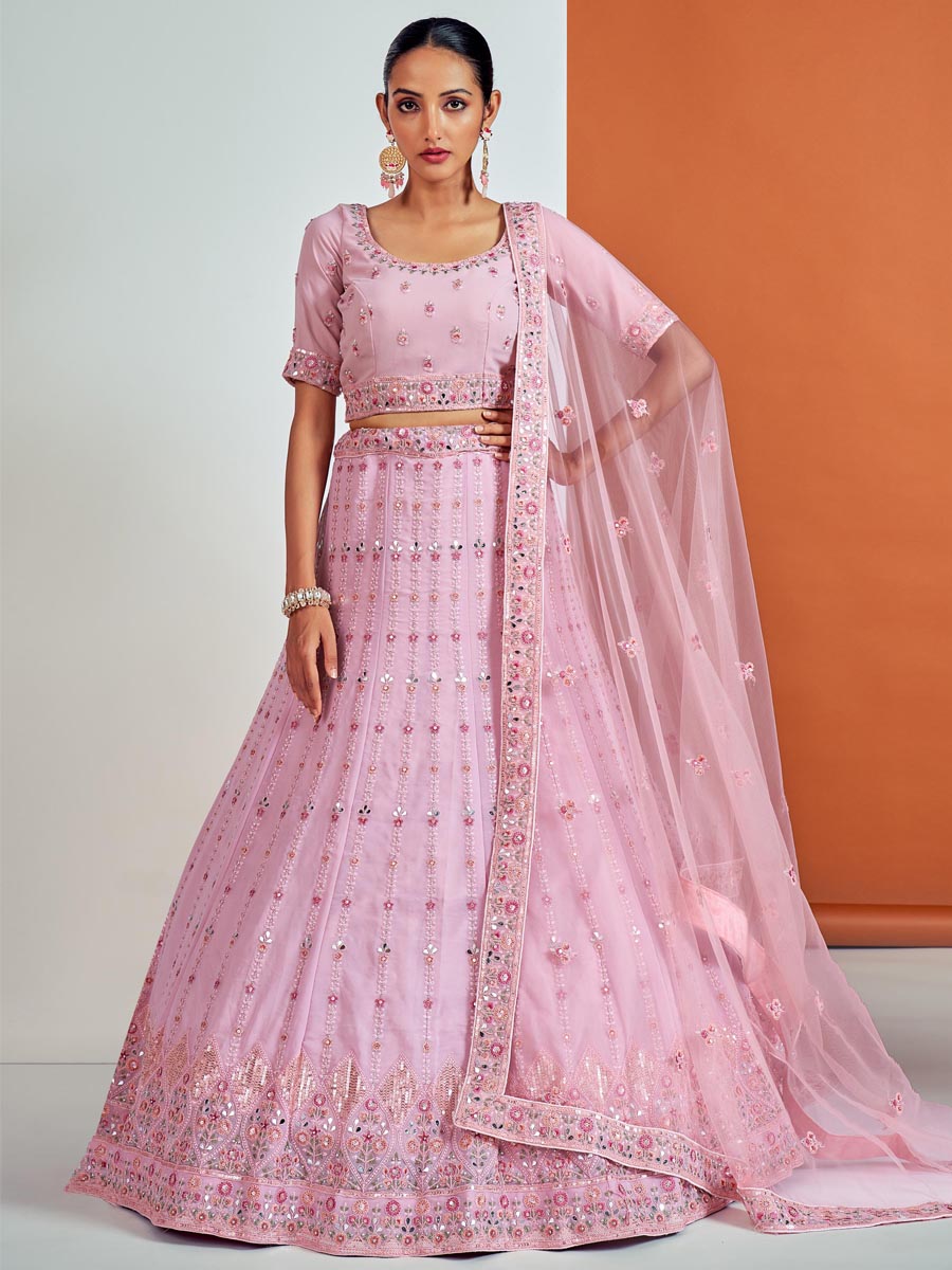 Pink Georgette Embroidered Bridesmaid Wedding Heavy Border Lehenga Choli