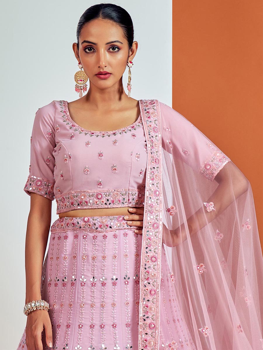 Pink Georgette Embroidered Bridesmaid Wedding Heavy Border Lehenga Choli