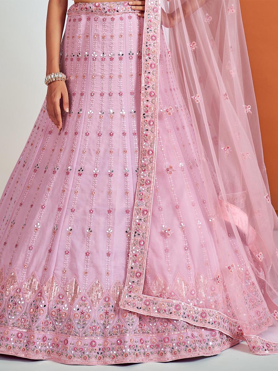 Pink Georgette Embroidered Bridesmaid Wedding Heavy Border Lehenga Choli