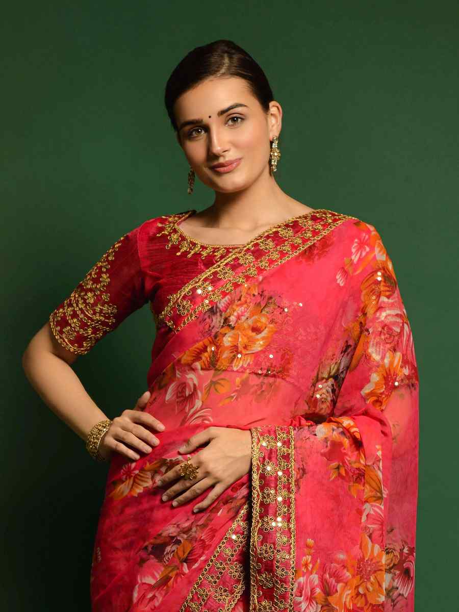 Pink Georgette Embroidered Casual Festival Classic Style Saree