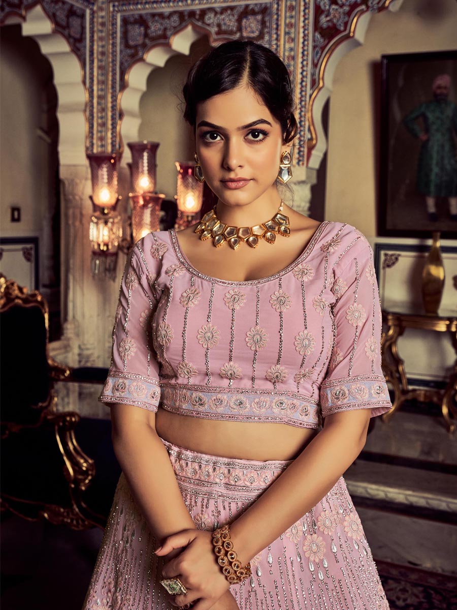 Pink Georgette Embroidered Engagement Wedding Heavy Border Lehenga Choli