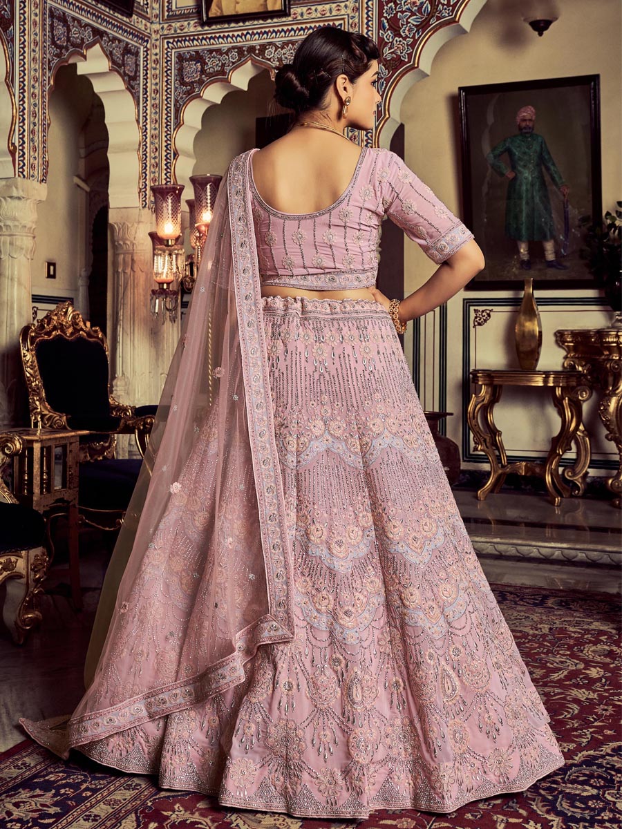 Pink Georgette Embroidered Engagement Wedding Heavy Border Lehenga Choli