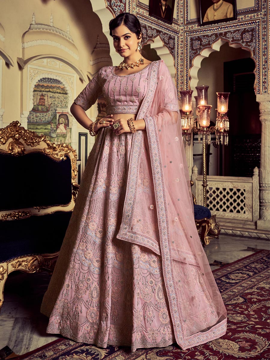 Pink Georgette Embroidered Engagement Wedding Heavy Border Lehenga Choli