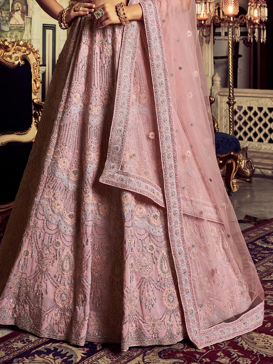 Pink Georgette Embroidered Engagement Wedding Heavy Border Lehenga Choli