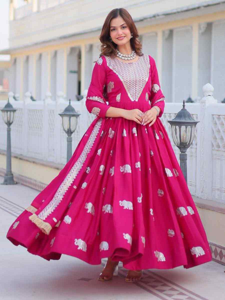 Pink Georgette Embroidered Festival Casual Gown