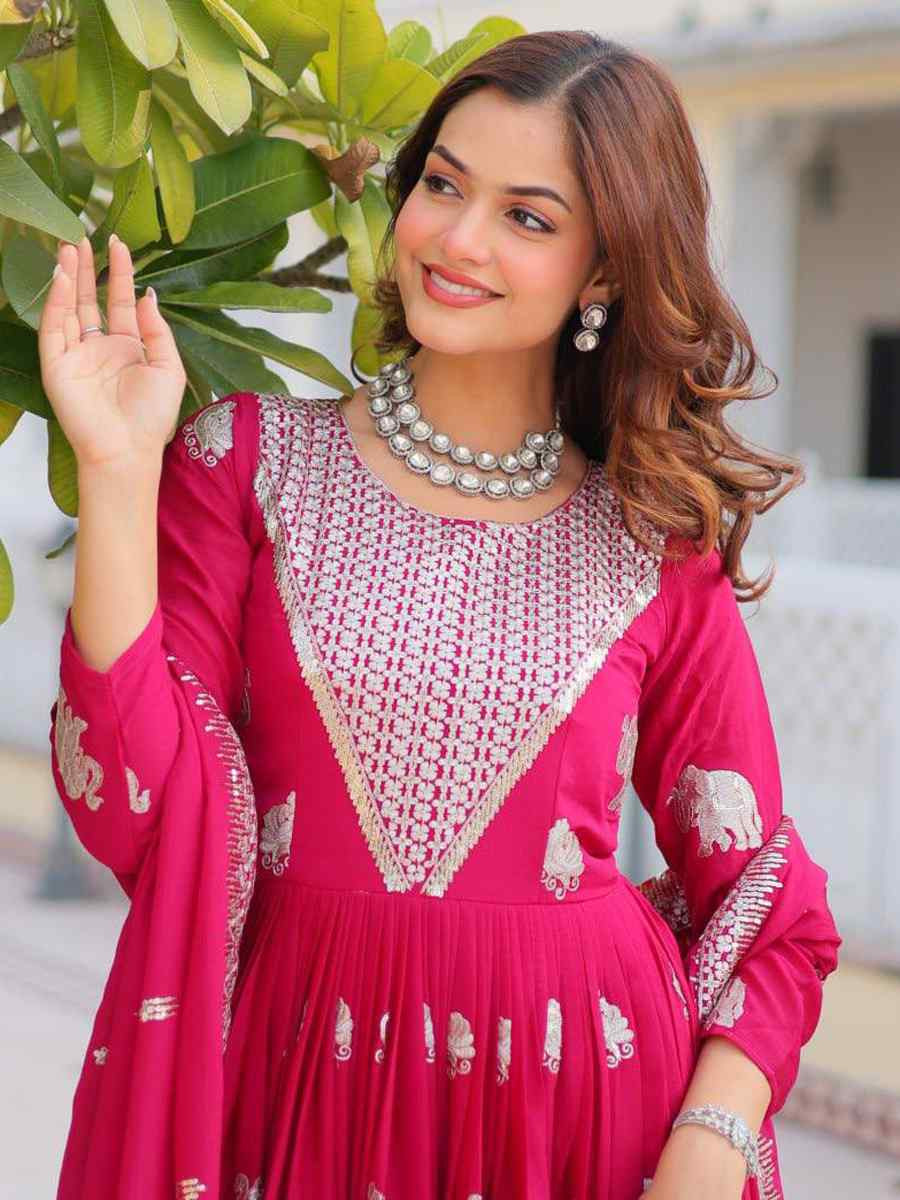 Pink Georgette Embroidered Festival Casual Gown