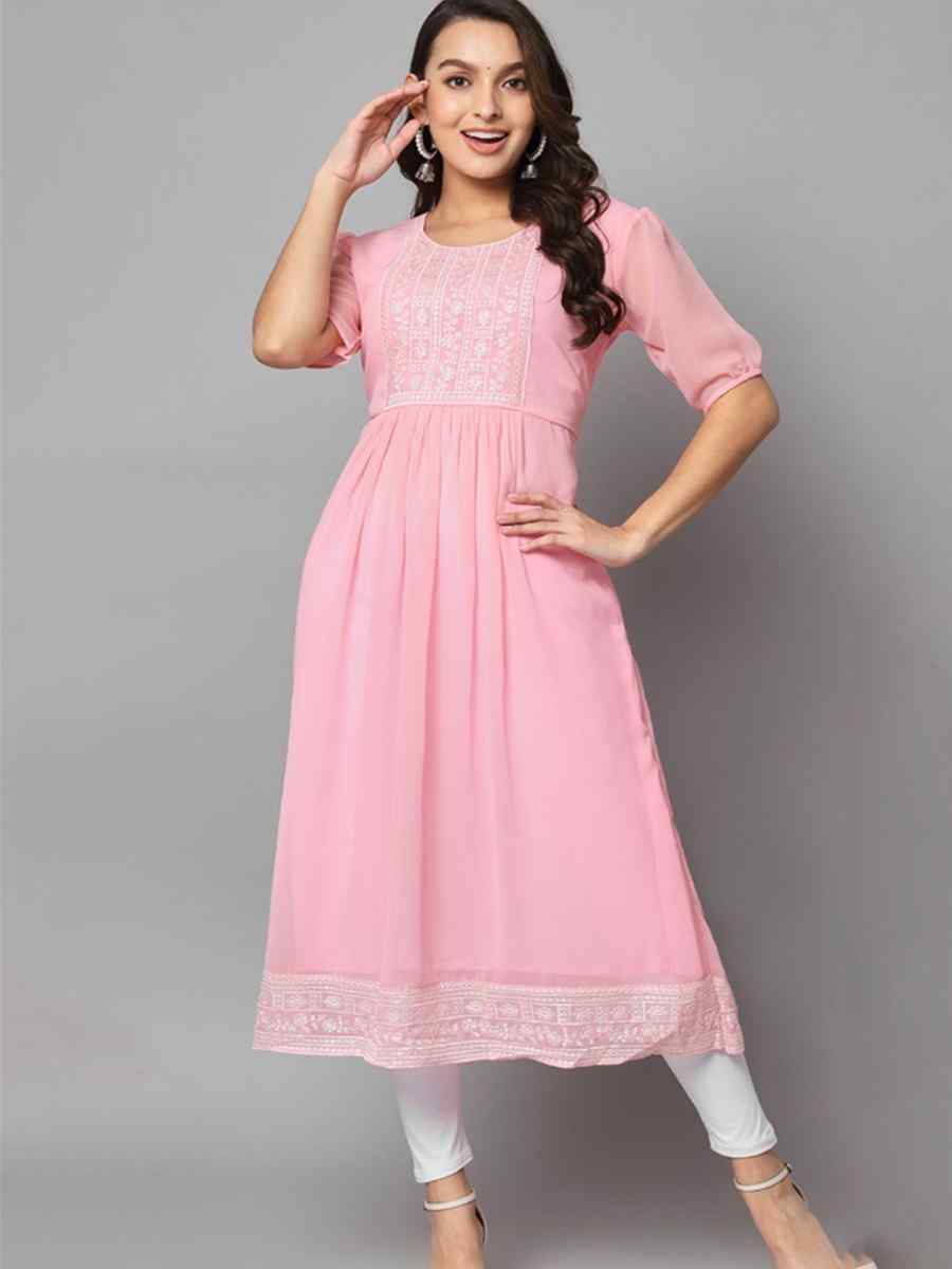 Pink Georgette Embroidered Festival Casual Kurti