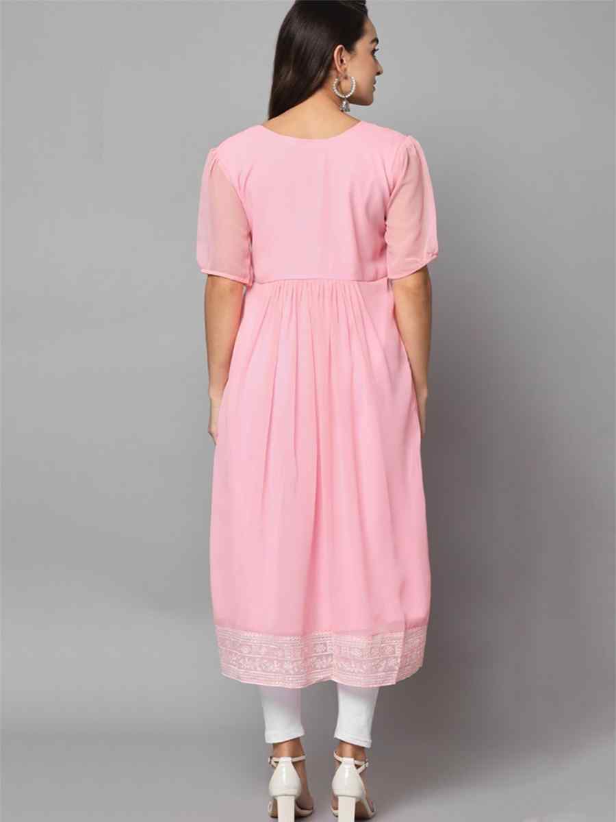 Pink Georgette Embroidered Festival Casual Kurti