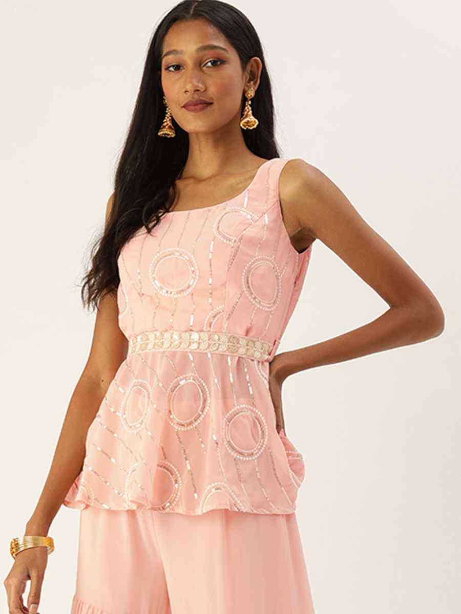 Pink Georgette Embroidered Festival Casual Kurti With Bottom