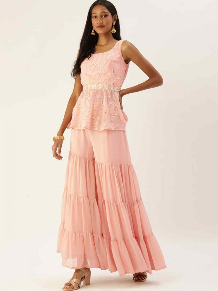 Pink Georgette Embroidered Festival Casual Kurti