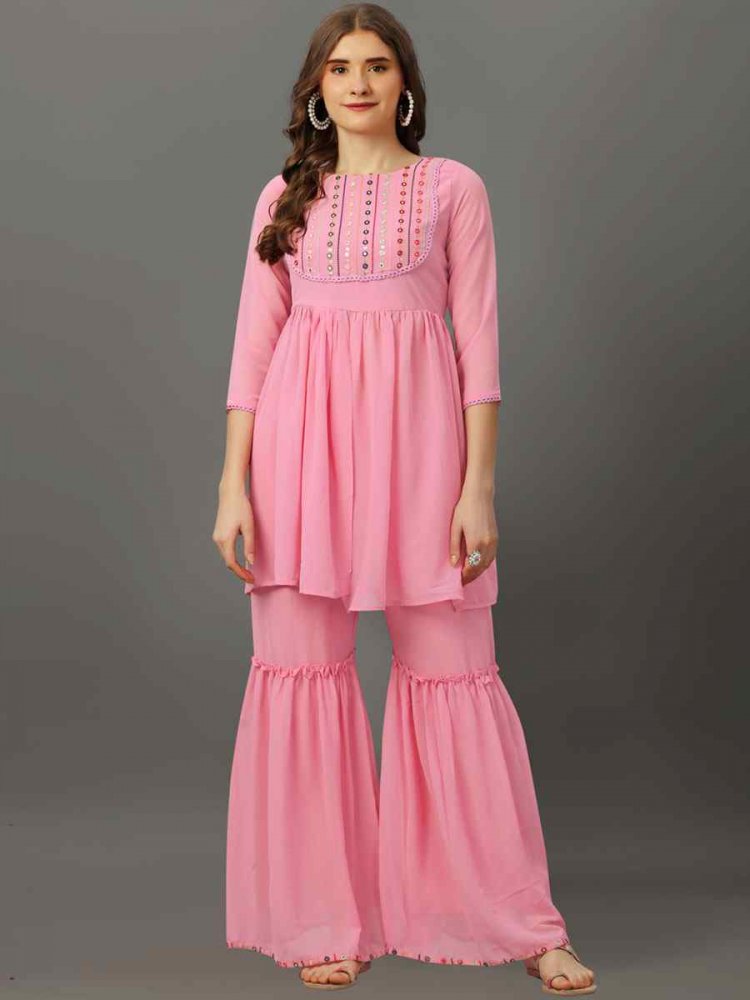 Pink Georgette Embroidered Festival Casual Kurti with Bottom