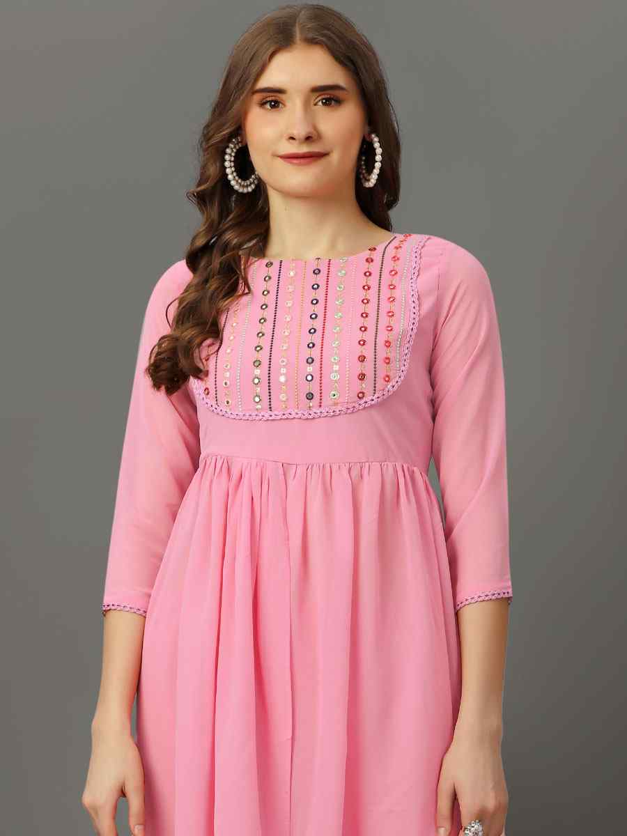 Pink Georgette Embroidered Festival Casual Kurti with Bottom