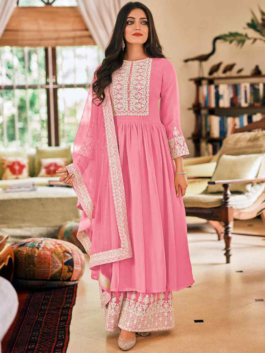 Pink Georgette Embroidered Festival Casual Pant Salwar Kameez