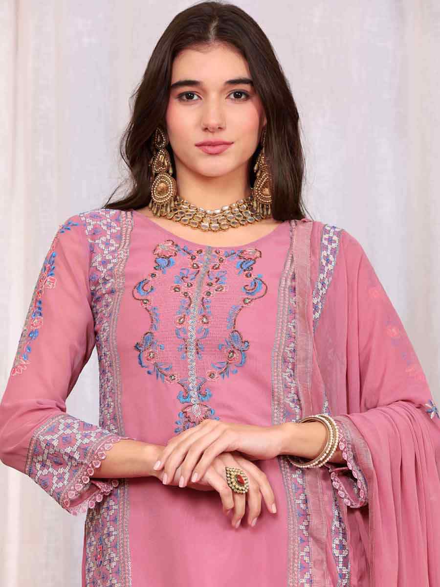 Pink Georgette Embroidered Festival Casual Pant Salwar Kameez
