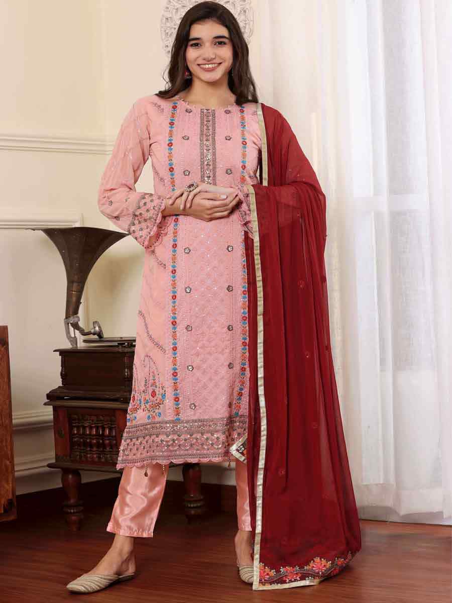 Pink Georgette Embroidered Festival Casual Pant Salwar Kameez