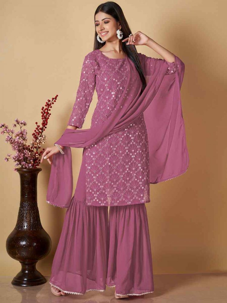 Pink Georgette Embroidered Festival Casual Ready Palazzo Pant Salwar Kameez