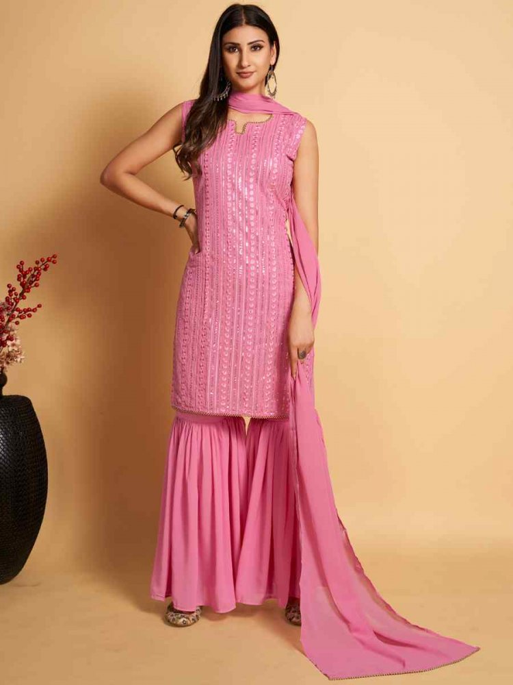 Pink Georgette Embroidered Festival Casual Ready Sharara Pant Salwar Kameez