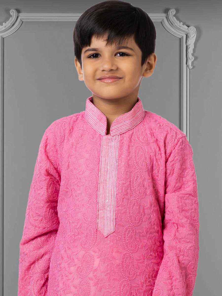 Pink Georgette Embroidered Festival Kurta Pyjama Boys Wear