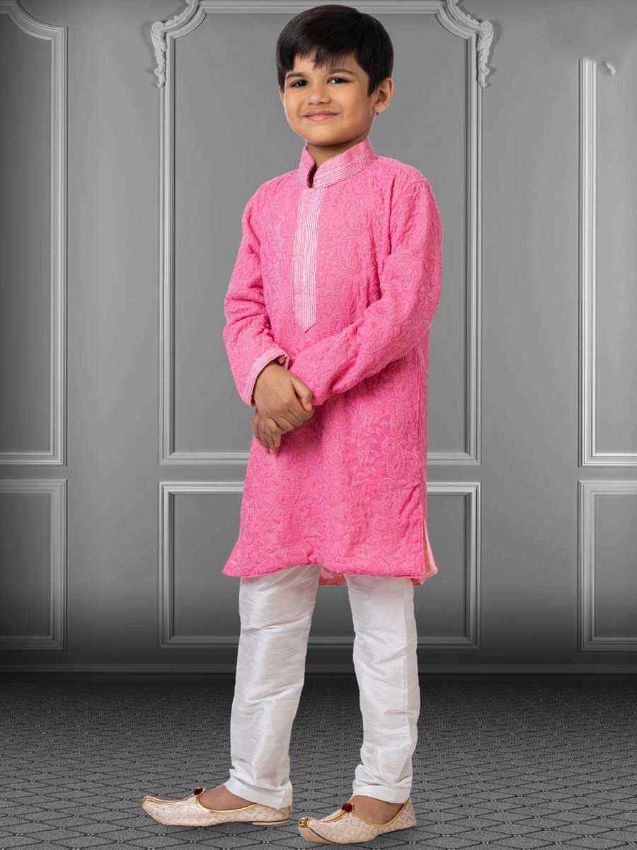 Pink Georgette Embroidered Festival Kurta Pyjama Boys Wear