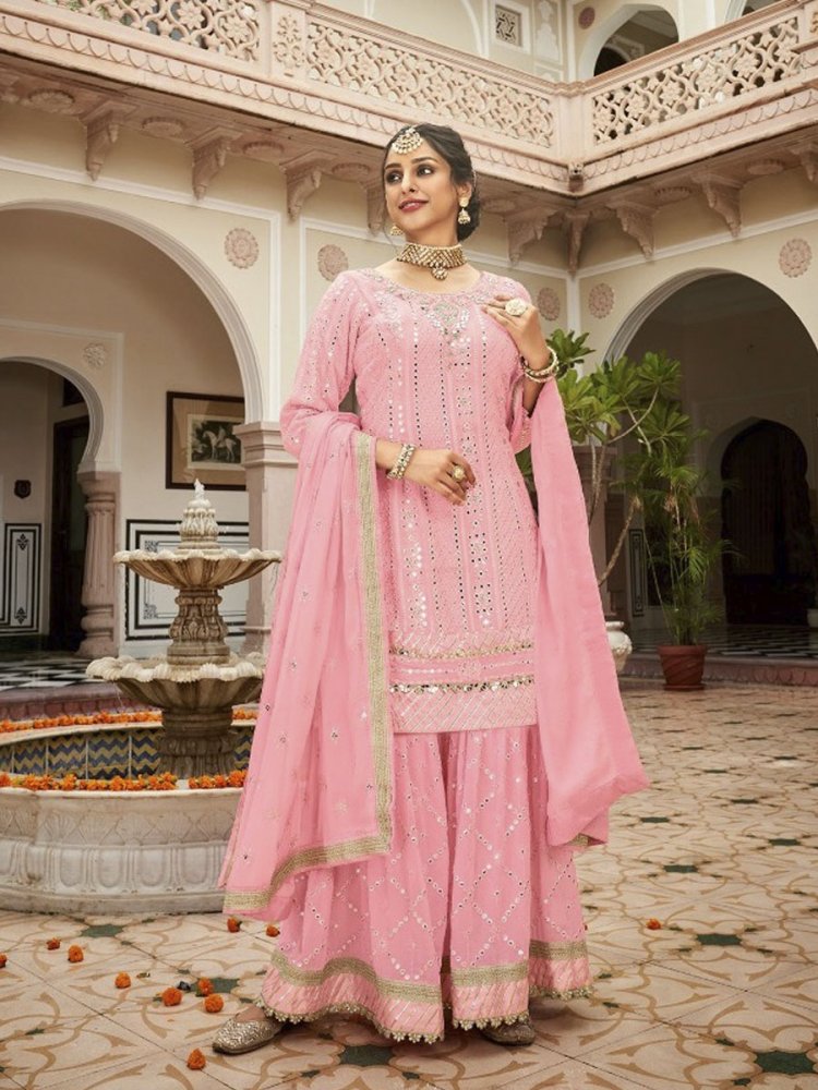 Pink Georgette Embroidered Festival Pant Salwar Kameez