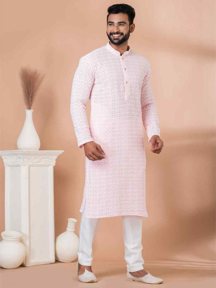Pink Georgette Embroidered Festival Party Kurta
