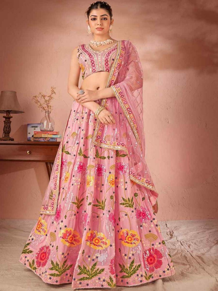 Pink Georgette Embroidered Festival Ready Circular Lehenga Choli