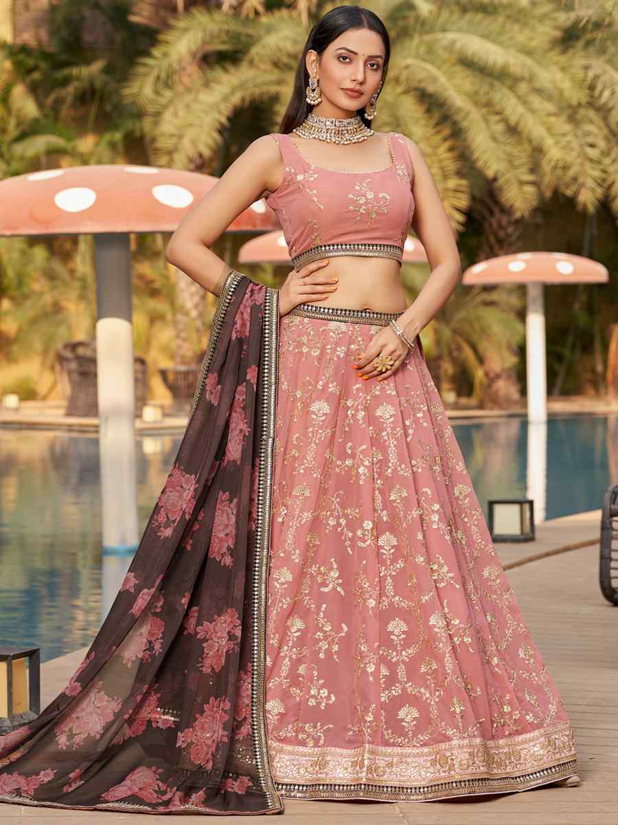 Pink Georgette Embroidered Festival Wedding Circular Lehenga Choli