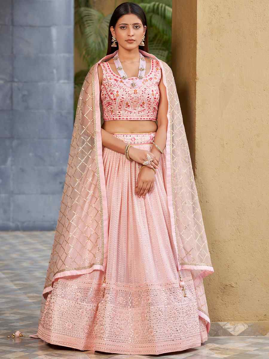 Pink Georgette Embroidered Festival Wedding Circular Lehenga Choli