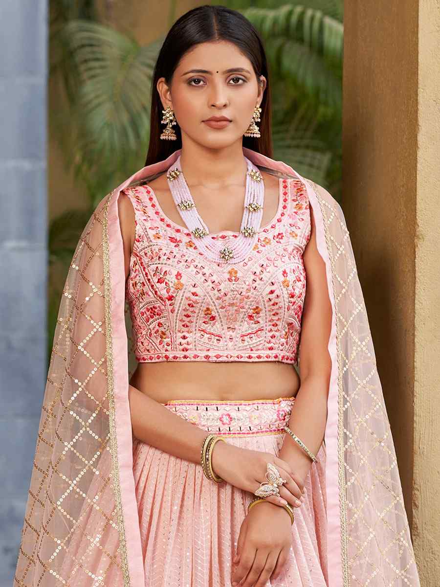 Pink Georgette Embroidered Festival Wedding Circular Lehenga Choli