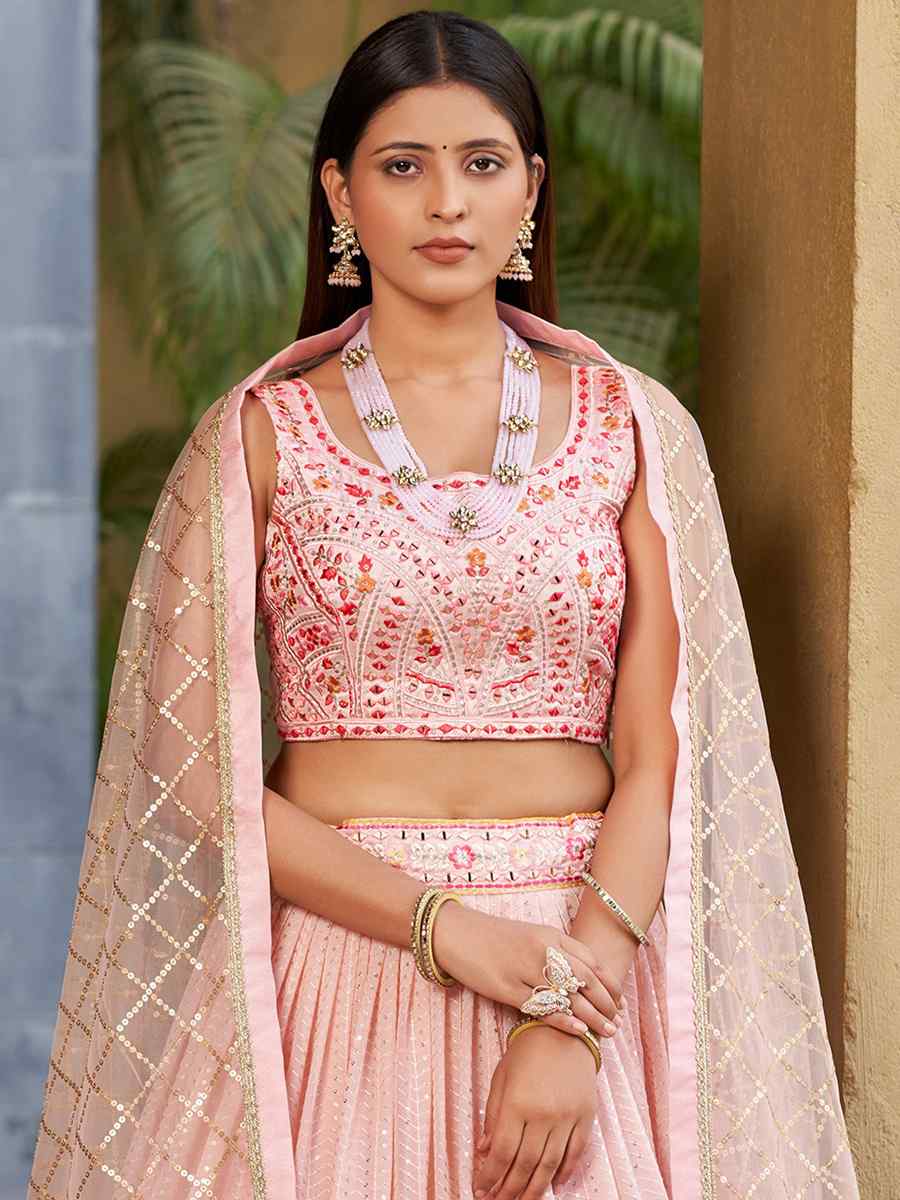 Pink Georgette Embroidered Festival Wedding Circular Lehenga Choli