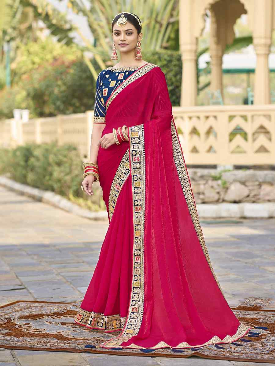 Pink Georgette Embroidered Festival Wedding Fancy Heavy Border Saree