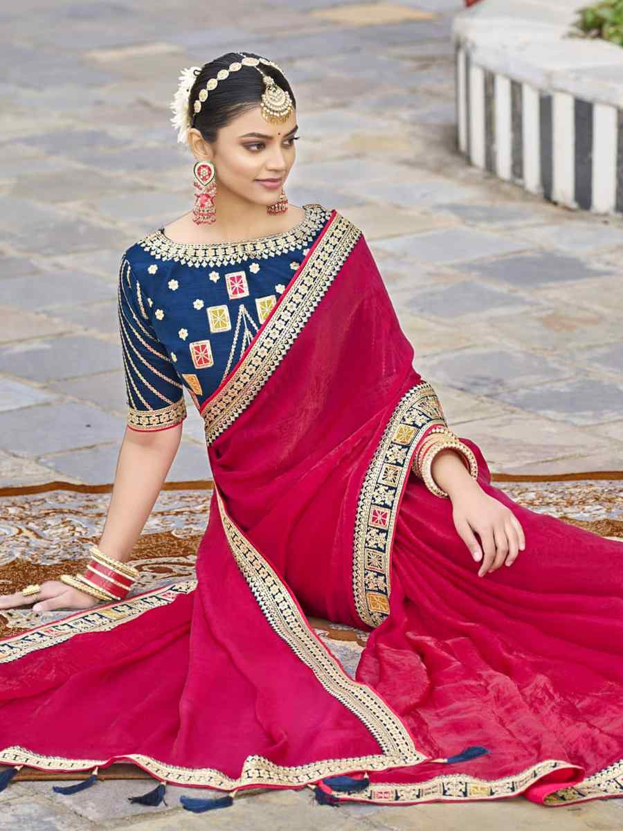 Pink Georgette Embroidered Festival Wedding Fancy Heavy Border Saree