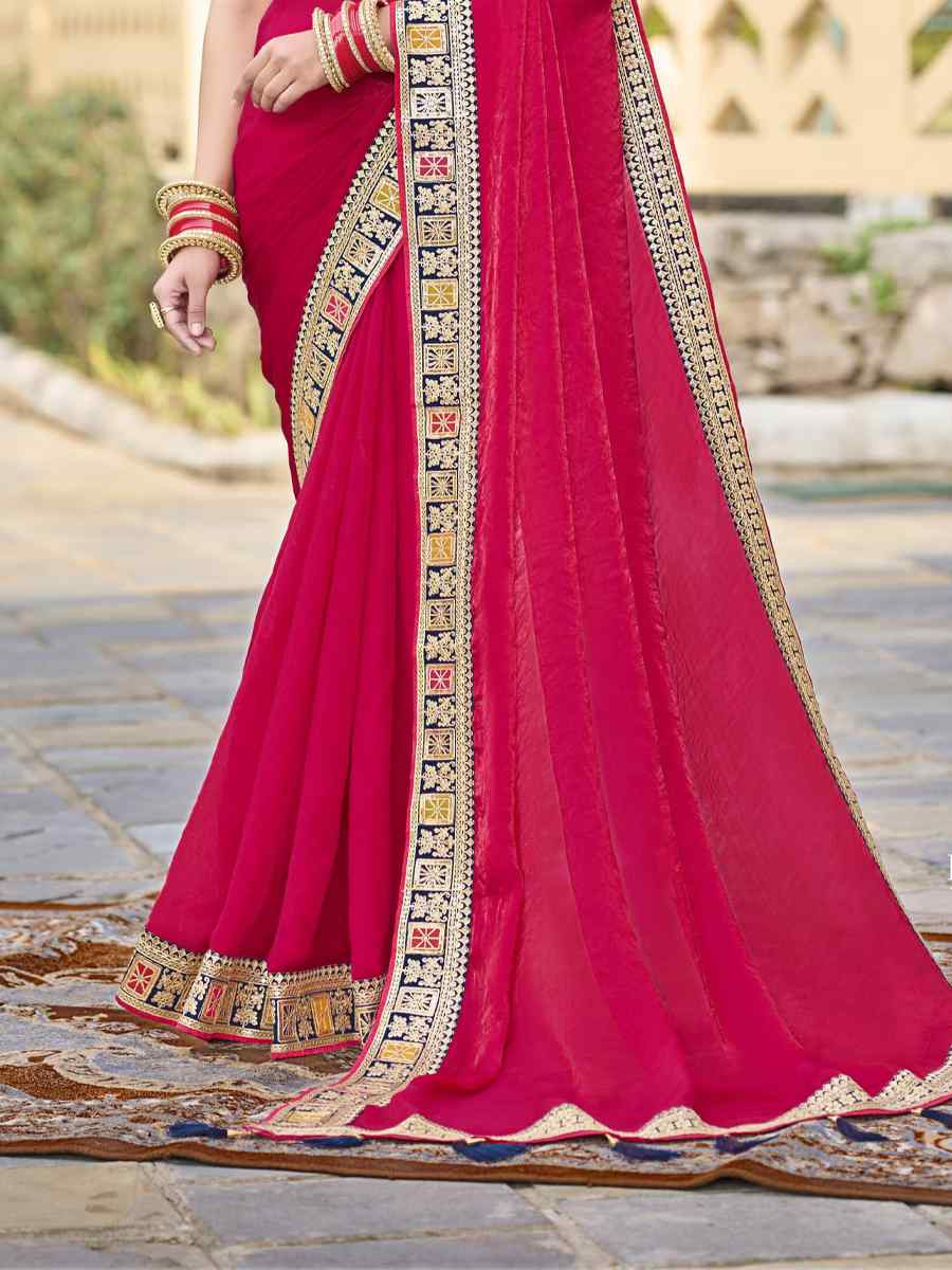 Pink Georgette Embroidered Festival Wedding Fancy Heavy Border Saree