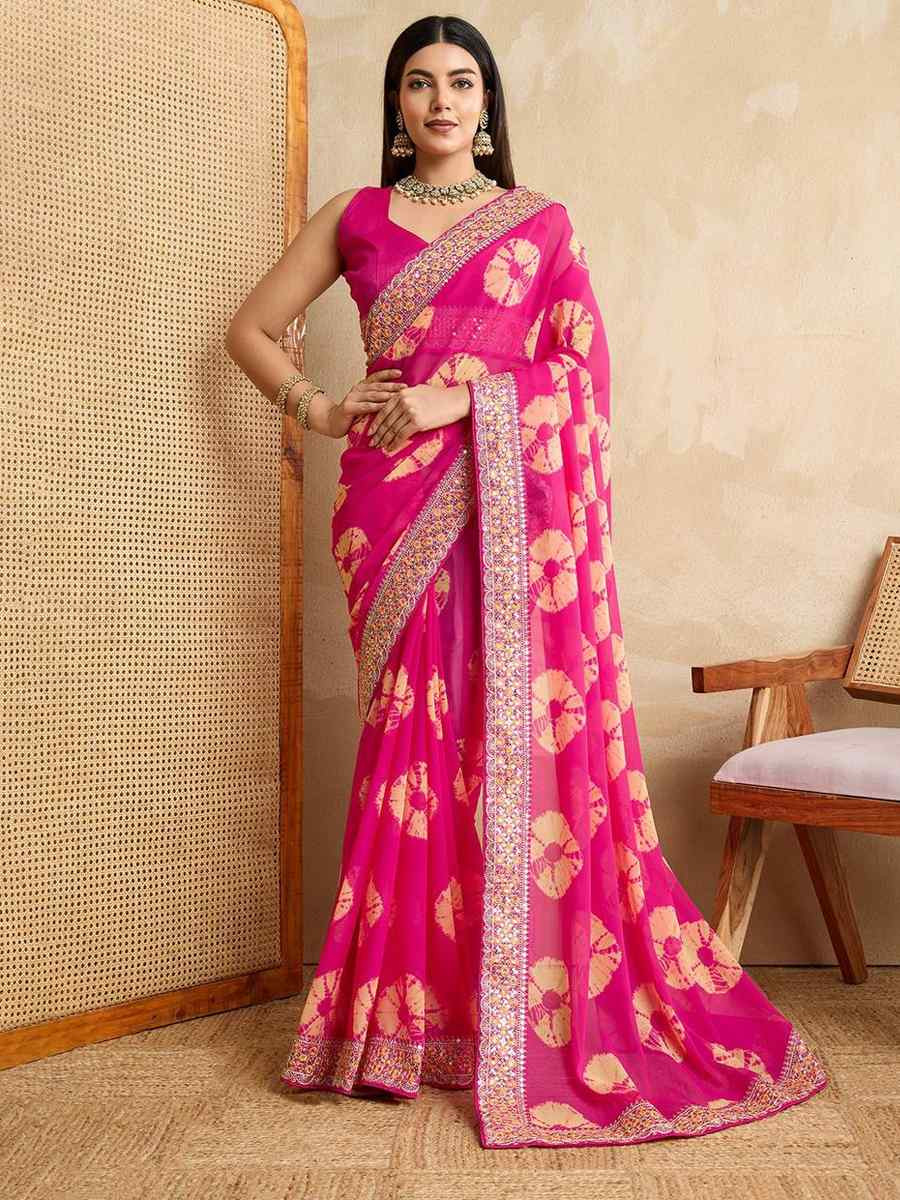 Pink Georgette Embroidered Festival Wedding Fancy Heavy Border Saree