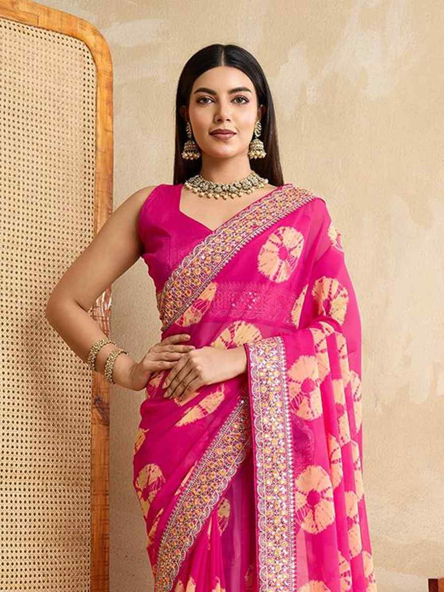 Pink Georgette Embroidered Festival Wedding Fancy Heavy Border Saree