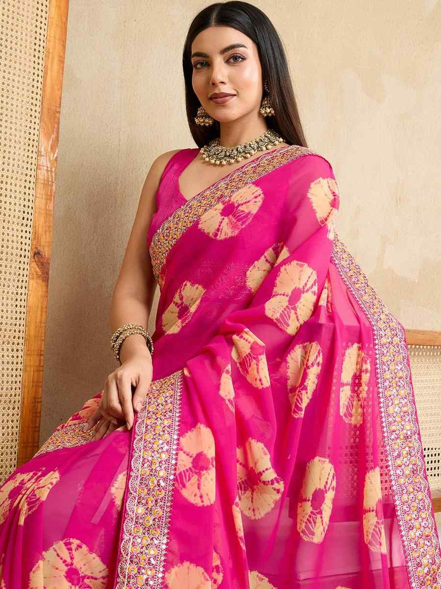 Pink Georgette Embroidered Festival Wedding Fancy Heavy Border Saree