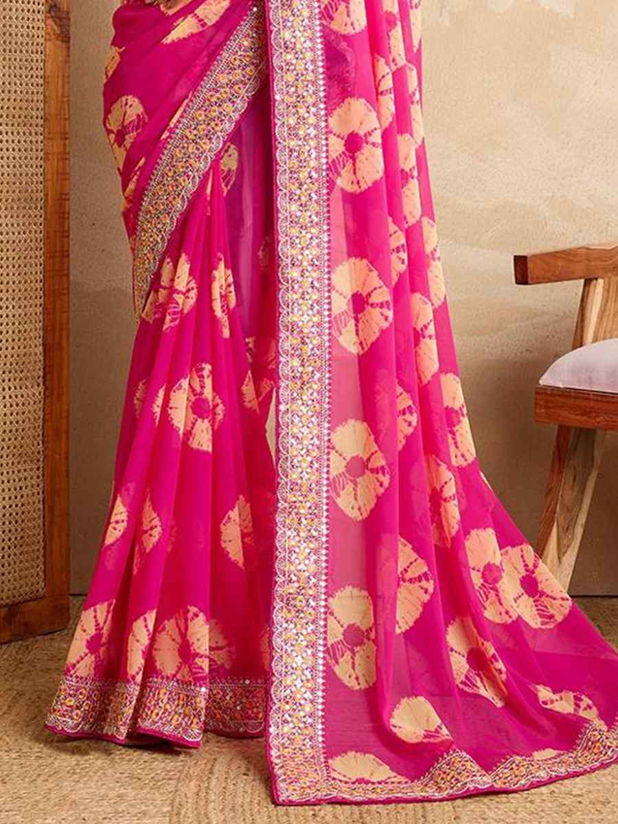 Pink Georgette Embroidered Festival Wedding Fancy Heavy Border Saree