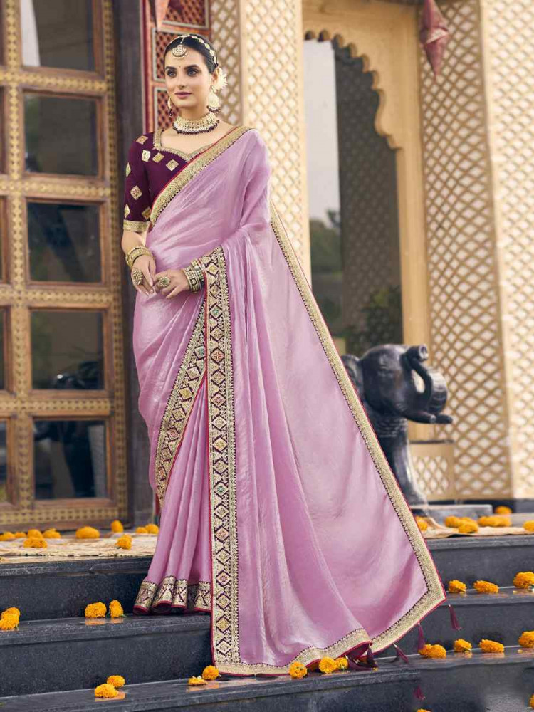 Pink Georgette Embroidered Festival Wedding Fancy Heavy Border Saree