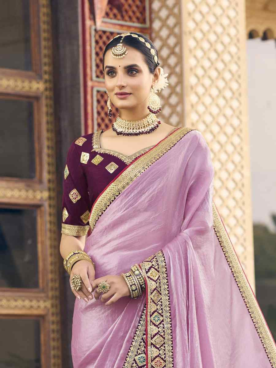 Pink Georgette Embroidered Festival Wedding Fancy Heavy Border Saree